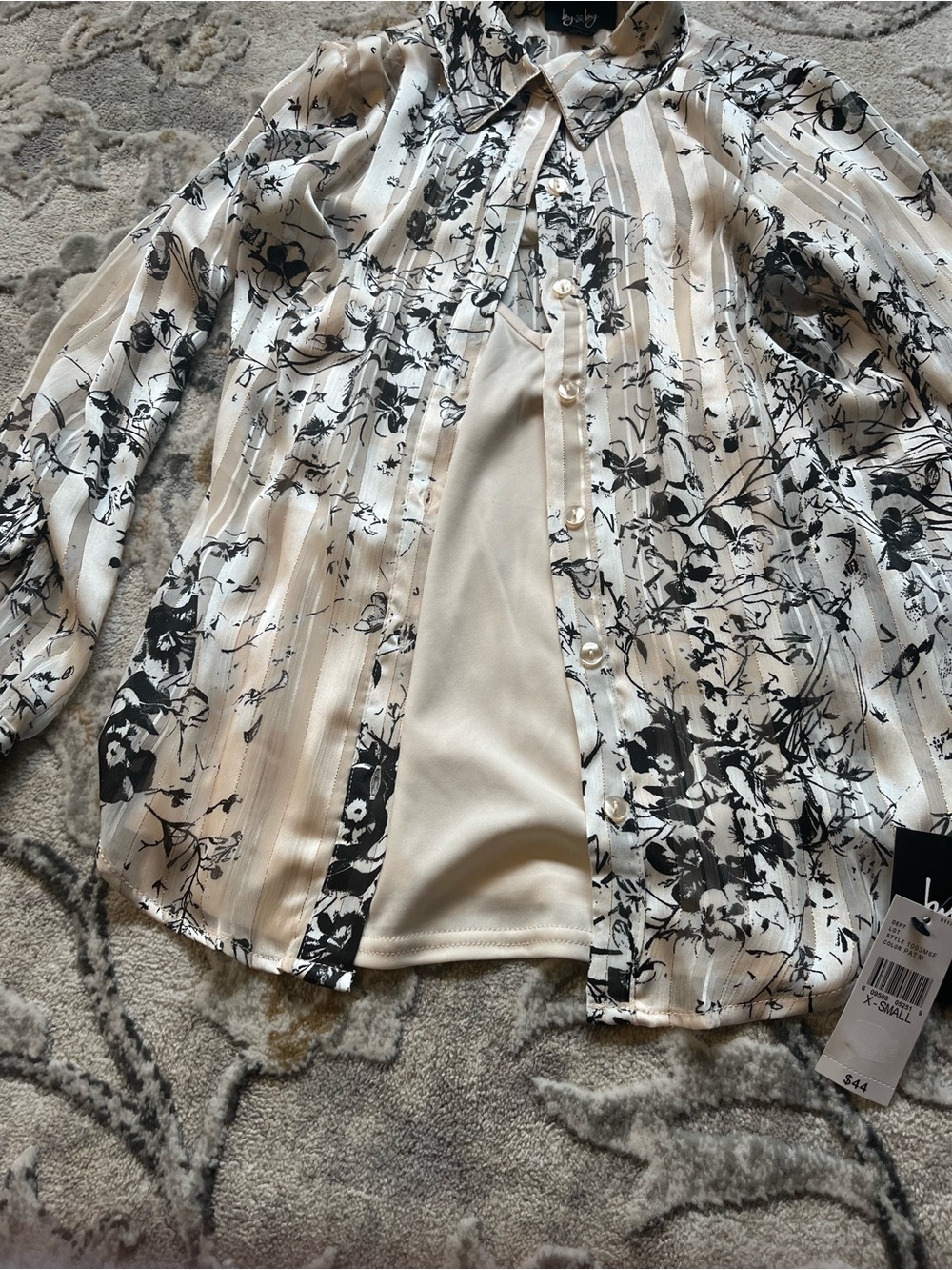 by & by Cream and Black Floral Stripe Button-Down Shirt